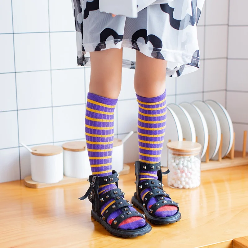 

6Baby Girl Cute Socks 3-8T Lovely Toddler Girl Striped Print Cotton Long Socks Infant Children Soft Crib Leg Warmer