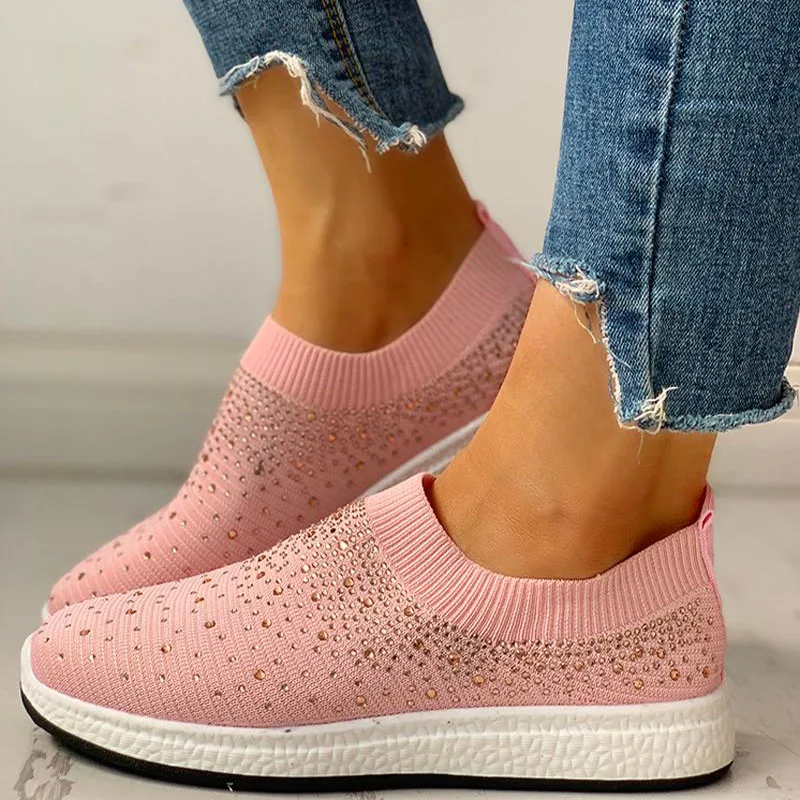 

Spring Women Sneaker Air Mesh Ribbed Flat Heel Slip on Knitted Vulcanized Casual Ladies Shoes Walking Footwear Zapatos De Mujer