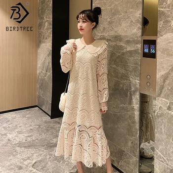 

2020 Spring New Women's Dresses Fashion Sweet Long Sleeve Loose Lace Hollow Out Peter pan Collar Female Midi Dress D9D727S
