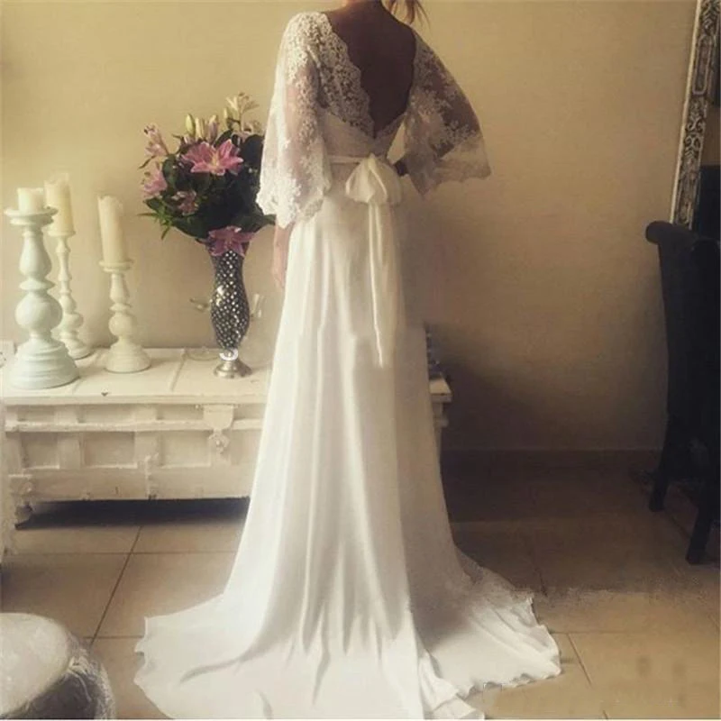 Bohemian Wedding Dresses Illusion Lace Bridal Gown Backless Boho Chiffon Plus Size Beach Long Sleeve Deep V Neck Wedding Gowns (1)