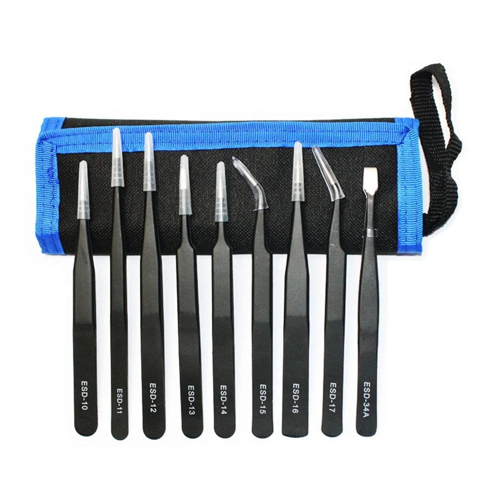 

9Pcs Anti-static ESD Stainless Steel Multifunctional Tweezers Tools Industrial Precision Curved Straight Tweezers Repair Tools