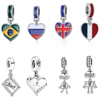 

Authentic 925 Sterling Silver Charms Brazil flag robot heart Beads Fit Original Pandora Charm Bracelet Necklace DIY Jewelry