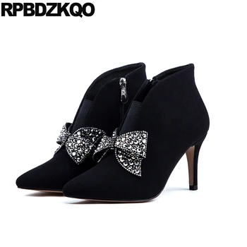 

Rhinestone Stiletto Booties Shoes Ankle Diamond High Heel Side Zip Boots Big Size Bow Pointed Toe Women 12 44 Suede Wedding 10