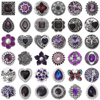 

6pcs/lot Wholesale Snap Jewelry Mixed Purple Rhinestone Crystal Flower 18mm Snap Button Fit Snap Bracelet Bangle