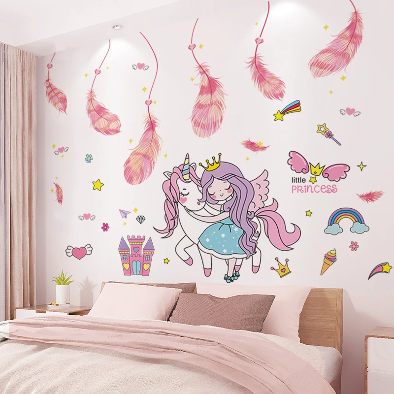 

Cartoon Girl Animal Wall Stickers DIY Pink Feathers Wall Decals for Kids Bedroom Baby Room Nursery Home Decoration