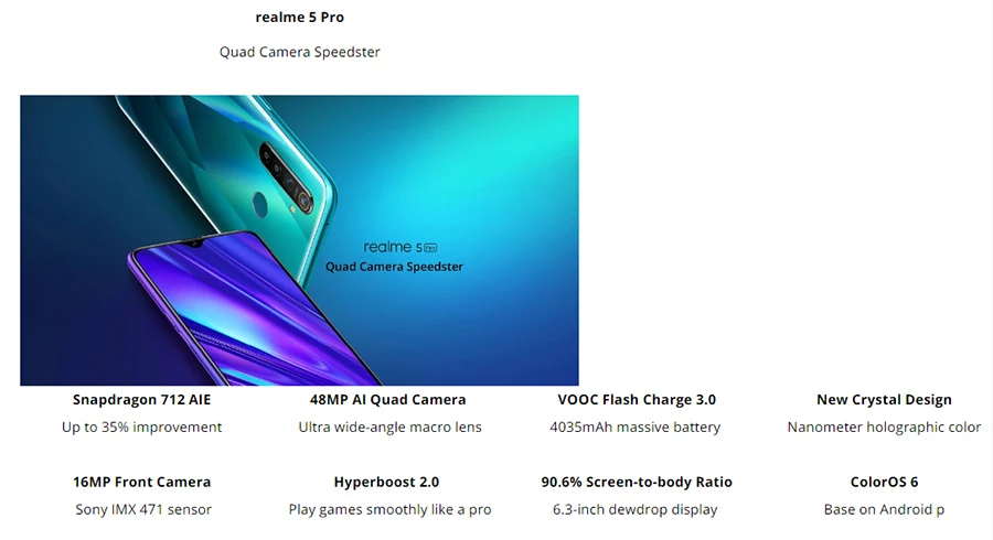 REALME 5 pro 6,3 ''4 GB 128GB смартфон Android P Восьмиядерный 4035mAh 48MP+ 16MP двойная камера VOOC Быстрая зарядка 3,0 4G мобильный телефон