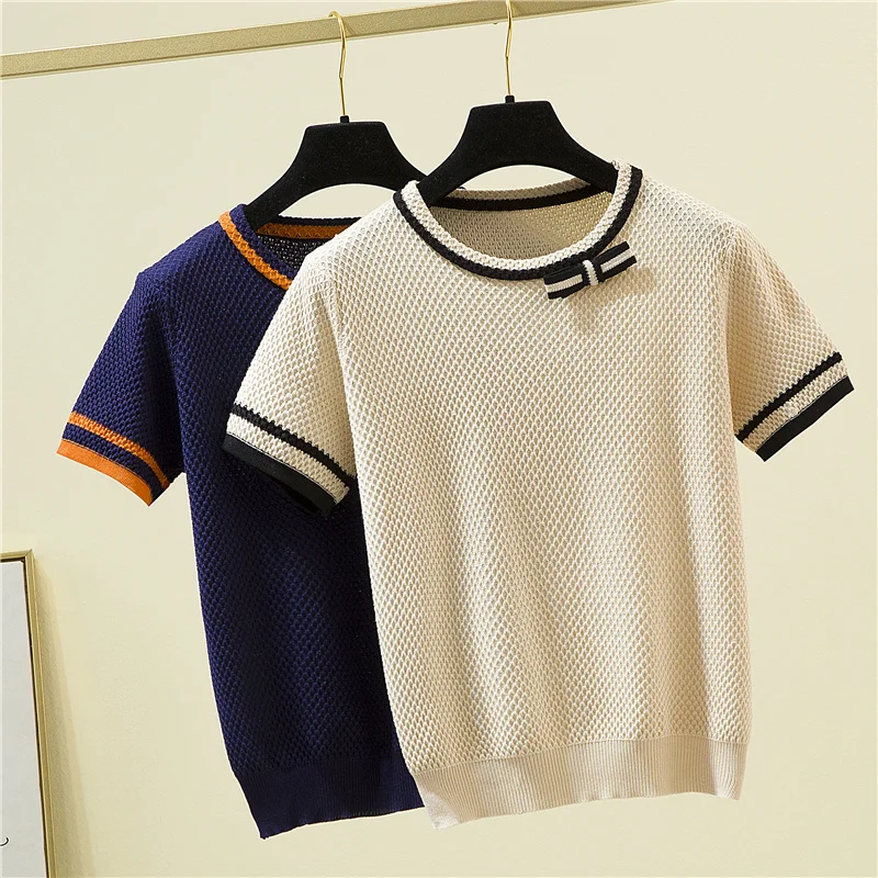 Korean Fashion Bow Patchwork Short Sleeve T-Shirt Women Elegant Summer Knitted Tees Office O-Neck Thin Woman Tshirt Tops Female
