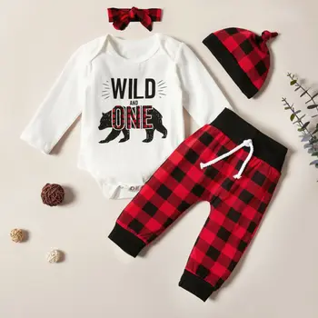 

Infant Baby Boy Girl 0-18M Ronper+ Plaid Pants+ Hat Headband Autumn Winter Clothes Set