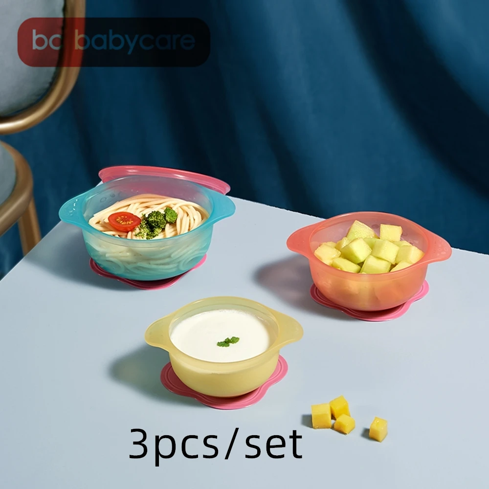 

BC Babycare 3pcs Snack Fruit Baby Feeding Bowl Set Learning Toddler Tableware Training Suction Dishes Bowl with Cover Dinnerware