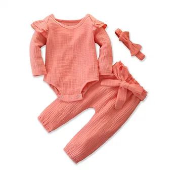 

Newborn Baby Boys Girls clothes round neck long sleeve Bodysuit bow Headband solid Bandage Pants 3pc autumn cotton Outfits