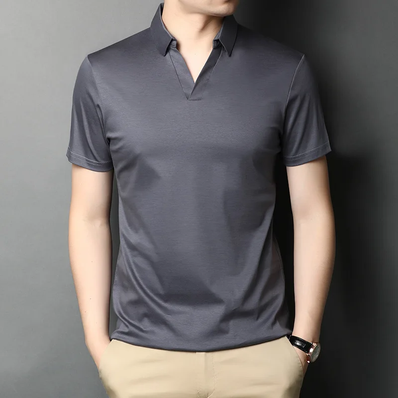 

2020 Summer Short-sleeved T-shirt Men's Lapel Trend Business Casual Mercerized Cotton Oversized T Shirt Thin Men's Clothing