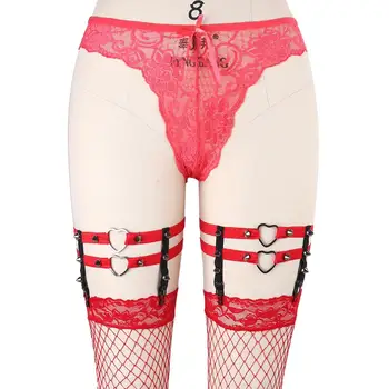 

2PCS Sexy Harajuku Lolita Pastel Red Body Harness Real Rivets Heart wedding Leg Garter Belt Thigh Harness Suspender Stocking