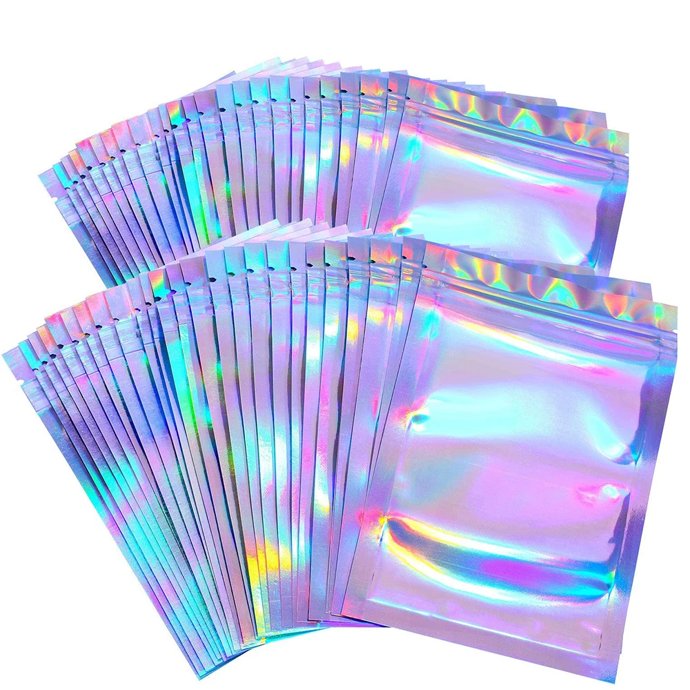 Mylar plastic zakken met rits, 100 stuks afsluitbare, geurbestendige voedselopbergzakken, holografische verpakkingszakken, doorzichtige, platte foliezakken voor thuis, koffiebonen, buiten, koekjes, sieraden (8,5 x 13 cm, blauw
