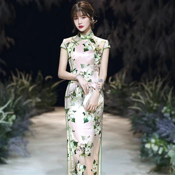 

Sheng Coco Elegant Long Chinese Style Evening Dress Qipao Rayon Cheongsam Evening Oriental Silk Dress Camellia Pattern Design