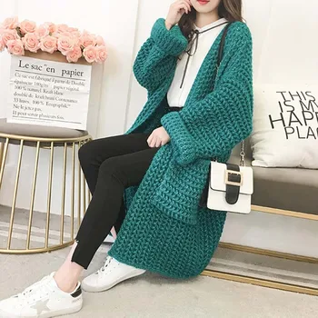 

Korean V-Neck New Arrival Cardigans Auttum Long Sleeve Women Cardigan Thick Solid Pocket Female Sweater Female Top
