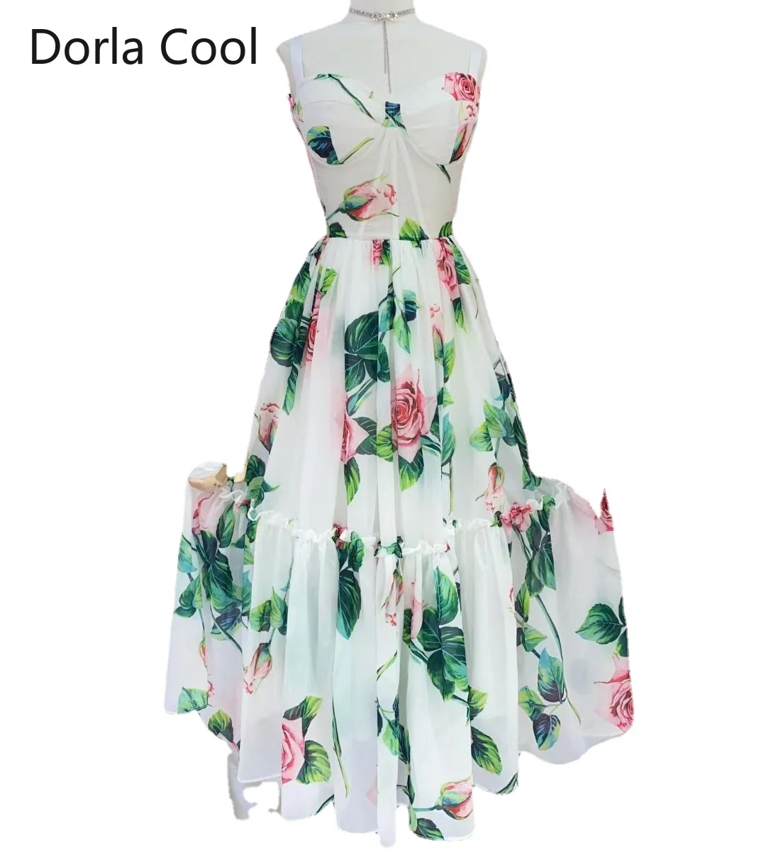 

High-end Women Long Dress Luxury Printed Flowers Summer Vacation Sexy Strap Beach Sundress Girl's Chic Ruffle Patchwork Vestidos