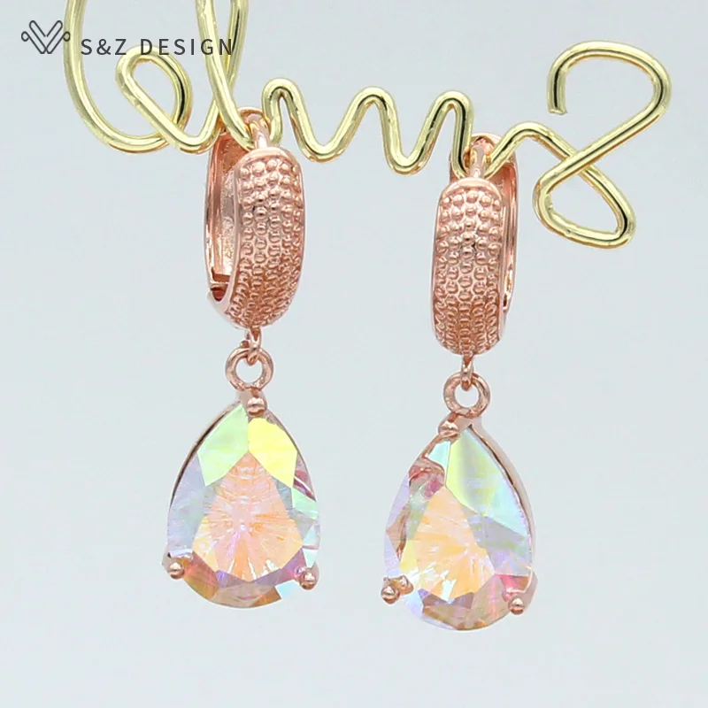S&Z DESIGN New Fashion Water Drop Crystal Dangle Earrings For Women 585 Rose Gold Color Girl Wedding Party Jewelry