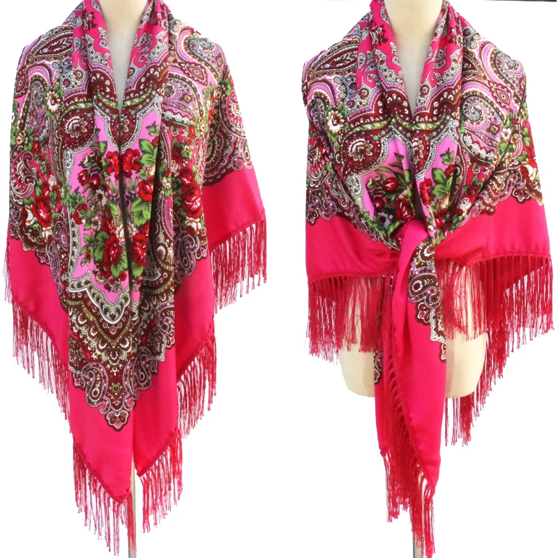 

160*160cm Russian Fringed Square Big Scarf For Women Retro Floral Pattern National Scarves Hijab Head Wraps Beach Travel Shawl
