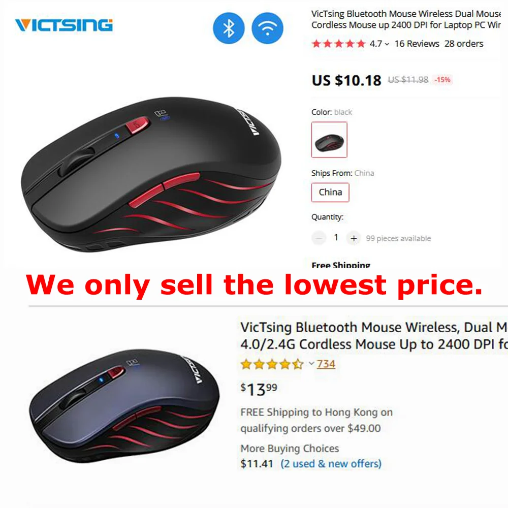VicTsing 2 4G беспроводная мышь 6 кнопочная DPI Регулируемая эргономичная Многоточечные