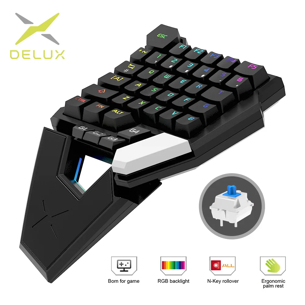 Цена Delux T6 складные механические игровые клавиатуры синий переключатель 39 полностью программируемые клавиши Проводная эргономичная Одиночная ...