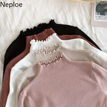 Neploe осенне-зимний Кардиган с воланами, водолазка с рюшами, женский свитер, Высокоэластичный Однотонный женский тонкий сексуальный вязаный пуловер