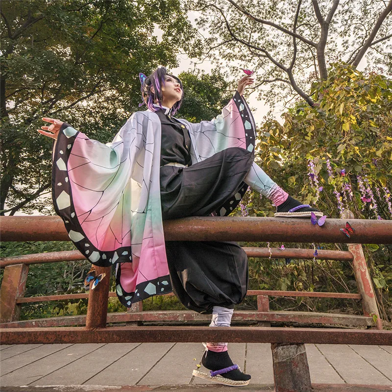 Аниме Демон Истребительница Kimetsu без Yaiba кохау Shinobu Косплэй костюм кимоно единый