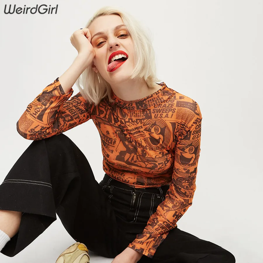 Weirdgirl Женская Сетчатая футболка с принтом, сексуальная мода, прозрачный хип-хоп Топ, осень, базовые женские топы, полный рукав, круглый вырез, короткий топ