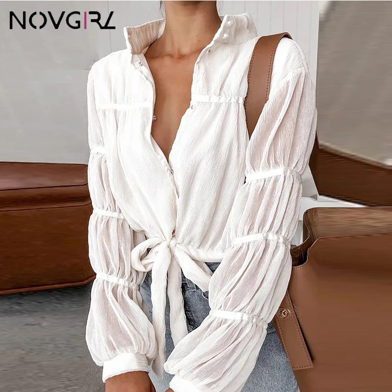 

Novgirl Elegant Lantern Sleeve Bow Knot Crop Tops Women 2019 Turtleneck White Chiffon T Shirts Back See Through Sexy Tee Tops