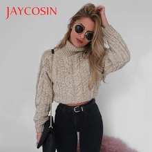 JAYCOSIN, Повседневный свитер с высоким воротом, женские зимние вязаные пуловеры с рукавами-«фонариками», короткий вязаный однотонный джемпер, Женский крученый свитер