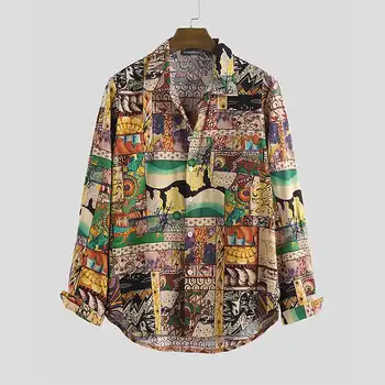

Vintage Printed Men Casual Shirt Long Sleeve Button Lapel 2020 Streetwear Loose High Quality Mens Hawaiian Shirts Camisas Hombre