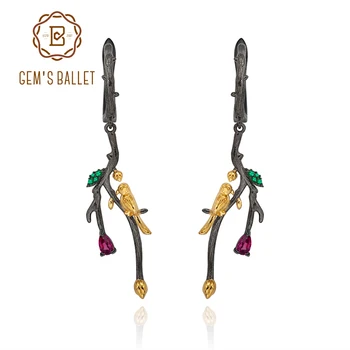 

GEM'S BALLET Natural Rhodolite Garnet Earrings 925 Sterling Silver Handmade Branches Buds Bird Earrings for Women Fine Jewelry