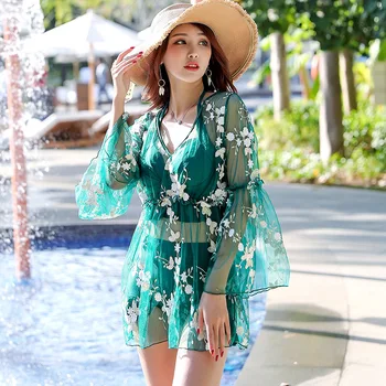 

Hot spring swimwear printed new lace long-sleeved beach dress split swimsuit female 3 piece Korean sexy beach bikini set