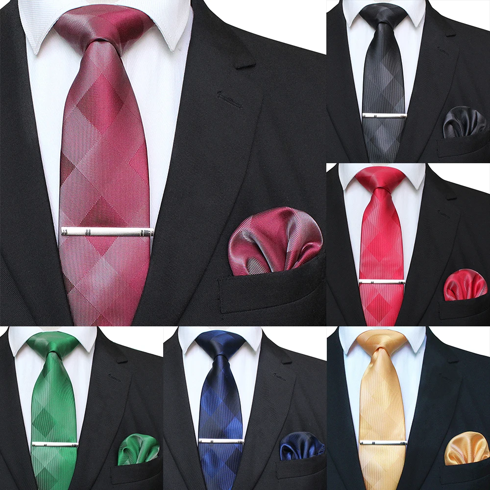 Neck tie Tie clip Pocket square Mini handkerchief 41 Style men tie necktie pocket square party wedding fashion striped plaid 8cm silk woven business handkerchief tie clip set