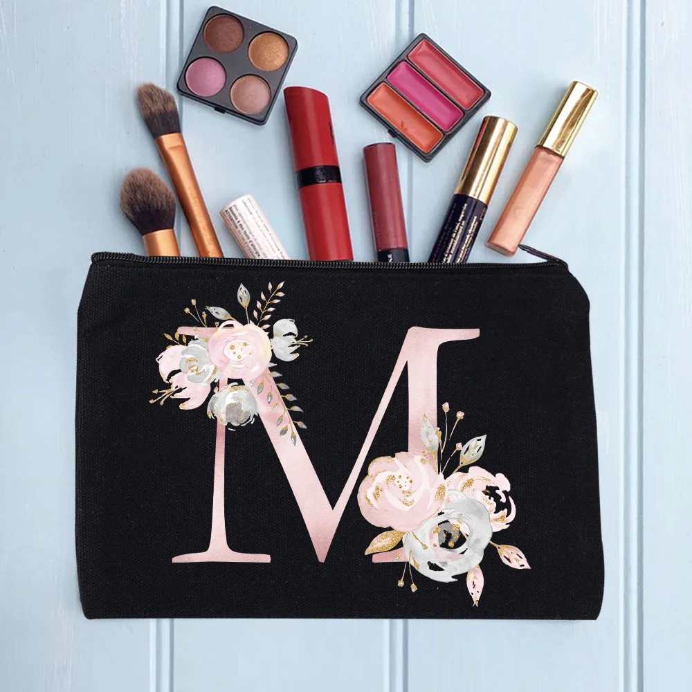 Women's Cosmetic Makeup Bags Female Organizer Pink Flower 26 Letters School Pencil Cases Carrying Bag for Coin Purse