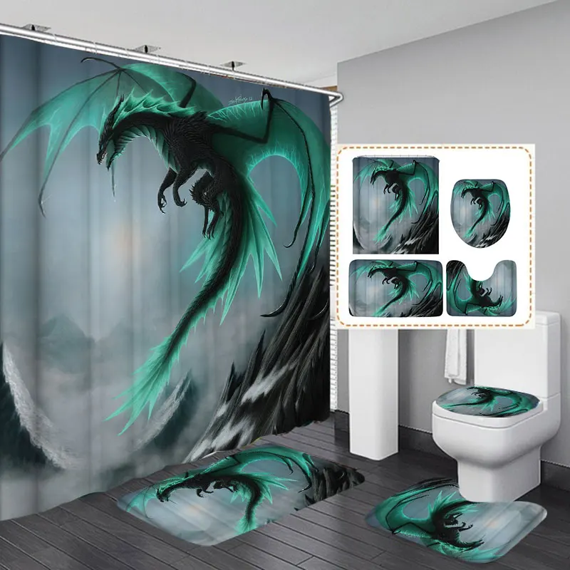

Modern Flying Dragon Waterproof Bathroom Shower Curtain Toilet Cover Bath Mat Non-Slip Rug Set Bathroom Accessories with 12 Hook