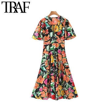 

TRAF Women Chic Fashion Floral Print Pleated Midi Dress Vintage V Neck Short Sleeve Female Dresses Vestidos Mujer