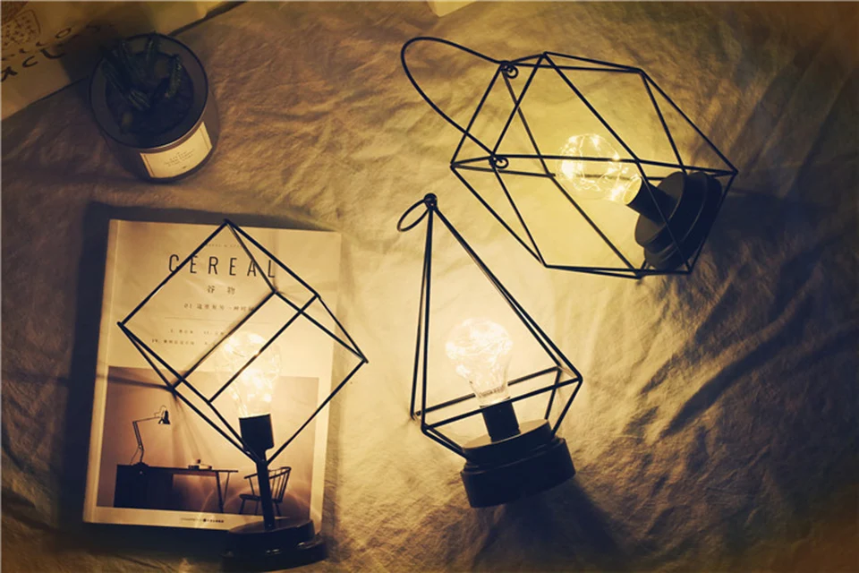 Candeeiro de Mesa Forjado do Vintage Alimentado por Bateria Luz da Noite Nordic Retro Ferro Preto Minimalista Fio Cobre Criativo 3d Lâmpada 8 High Quality Luzes e Iluminação