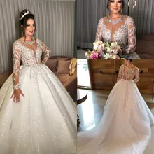Блестящие Роскошные Прозрачные Свадебные платья с круглым вырезом с иллюзией с длинным рукавом блестящее кружево плиссе вышивка бусинами свадебное платье в арабском стиле