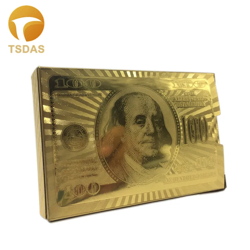 Роскошная 24k Золотая карточка для покера с двусторонней гравировкой 100 долларов США(золото и серебро) стиль, 2 набора золотых игральных карт с деревянной коробкой - Цвет: Бежевый