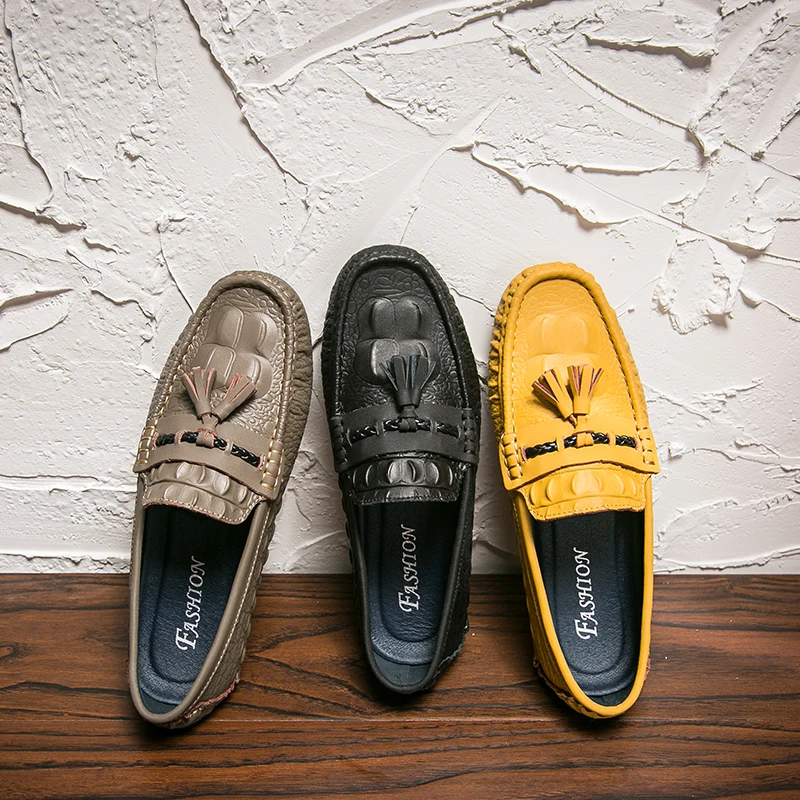 ALCUBIEREE Fashion Mens Tassel Loafers Men Split Leather Loafer Casual Shoes Man Moccasin Driving Shoes Slip On Flat Boat Shoes