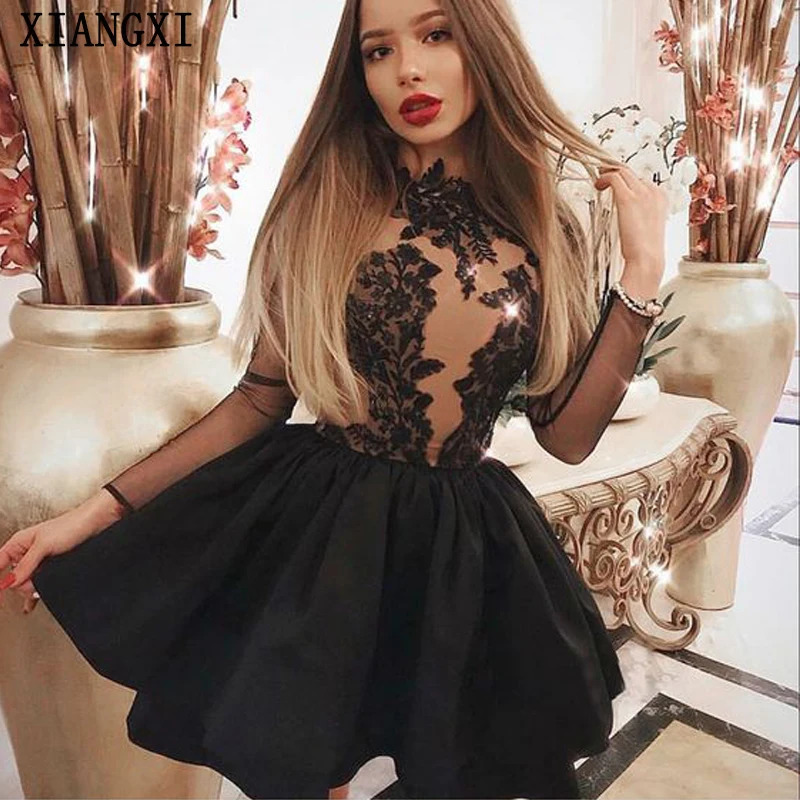 Vestido черные платья для выпускного вечера с высоким воротником и длинными рукавами кружевные короткие вечерние мини-платья для выпускного вечера