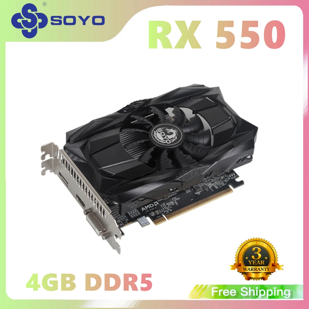 SOYO Full New AMD GPU Radeon RX 550 4G GDDR5 14nm Computer PC Gaming Video Cards HDMI-compatible+DP+DVI 128Bit Graphics Card latest graphics card for pc