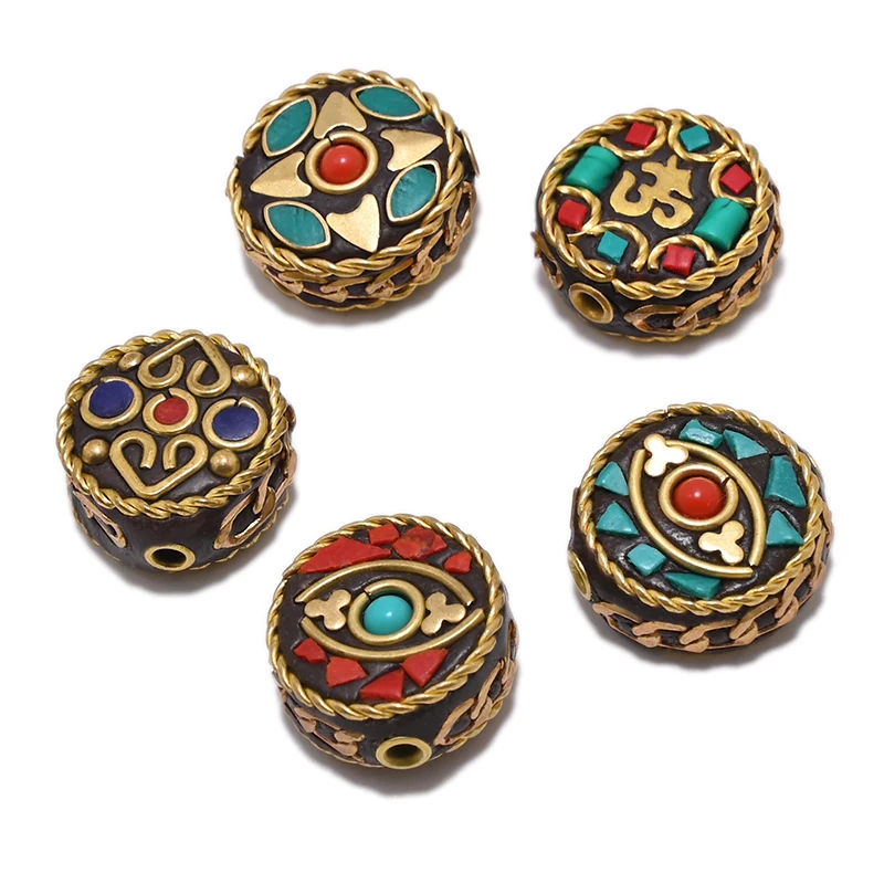 TZ-G Retro Handmade Flat Round Nepal Beads Tibetan Letter Antique Golden Red Clay For DIY Jewelry Making | Украшения и аксессуары