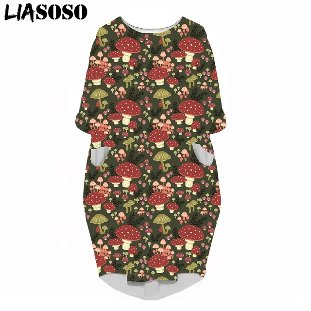 LIASOSO Plant Mushroom Print Sundress Lady Street Interesting Fashion Trend Wild Loose Long Sleeve Over The Knee Dress Women Y2K 07