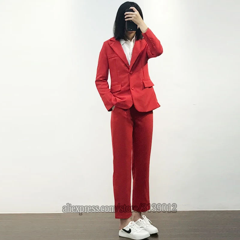 Красные женские костюмы офисный Блейзер комплект Garnitur Damski Traje Mujer костюм Tailleur Femme Pantalon Et Veste элегантные Брючные костюмы для женщин