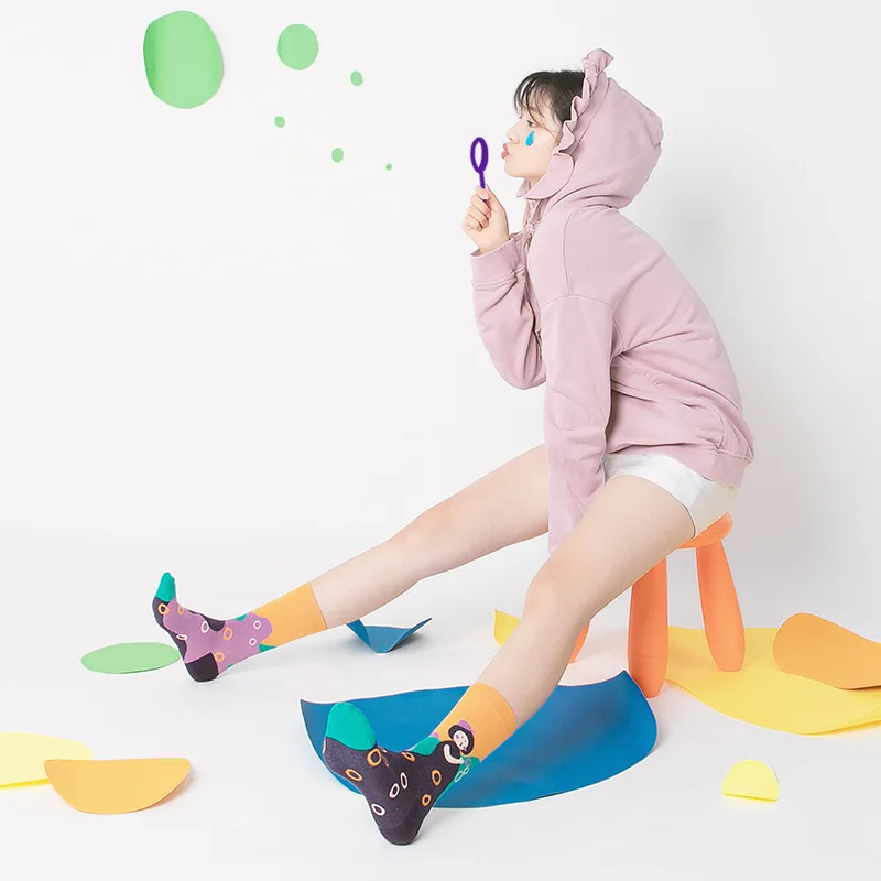 Корейские Kawaii хлопковые носки с принтом для девочек в стиле Харадзюку для женщин; милые осенние спортивные носки для девочек в стиле колледжа и улицы; милые трендовые носки