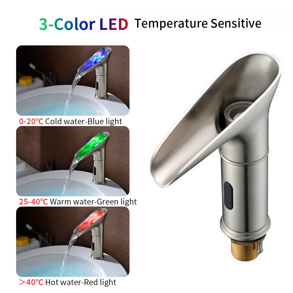 

Hot Automatic Touchless Sensor Bathroom Sink Faucet Waterfall 3-Color LED Temperature Sensitive Kitchen Water Tap Hot Cold Mixer