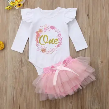 

Baby Girls Clothes Sets Long Flying Sleeve Letter Korean Personality Printing Romper and Yarn Lovely Sweet Tutu Skirt