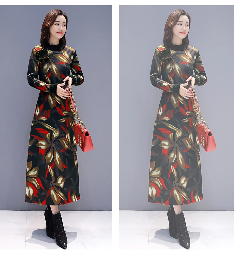 P Ammy Winter Plus Velvet thickening Floral print Retro Mid-Long Dress women Fleece Lining Slim Dress plus size