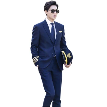 

Mens Captain Airline Uniform Male 4 PCS Company Staff Uniform Suits Set Stage Performance Suit Homme Slim Clothes Costume